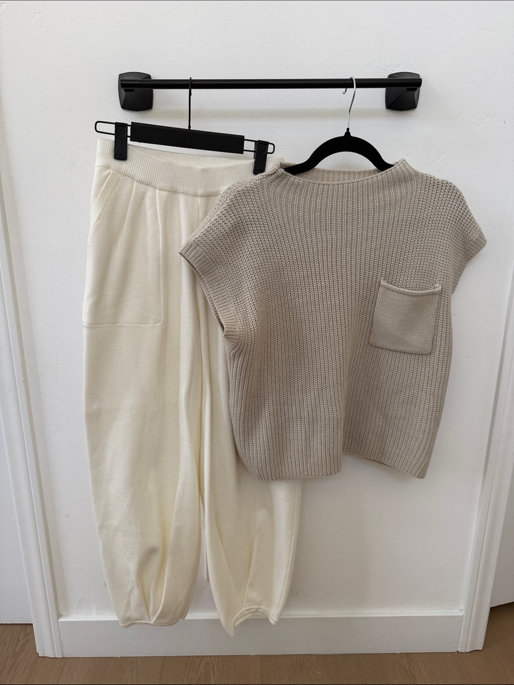 Cream Knit Pocket Sweater & Ivory Jogger Set